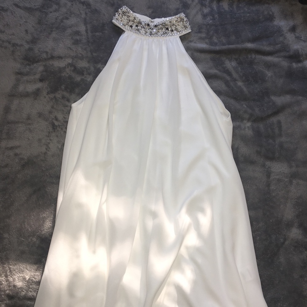 Beaded halter neck shift dress in white